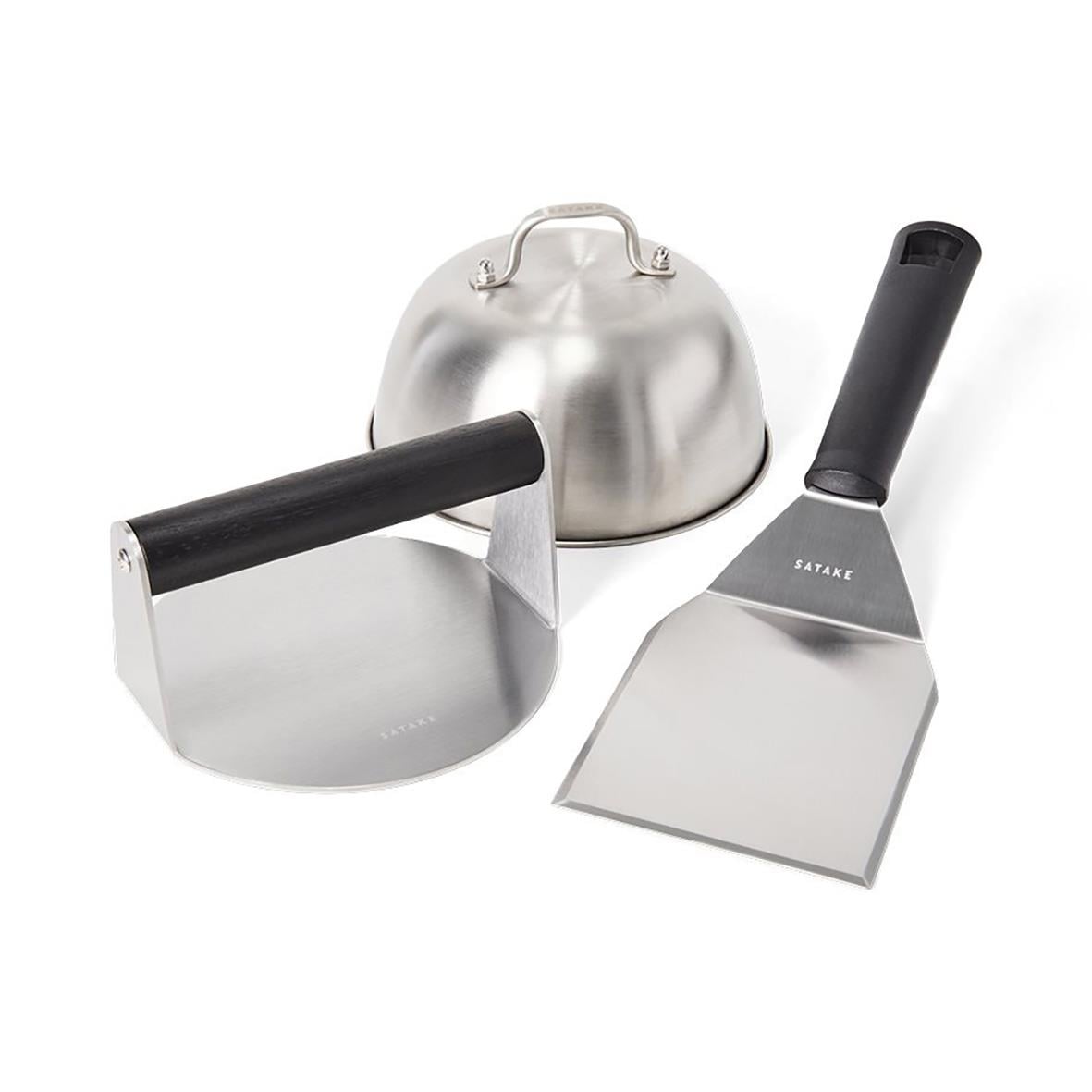 Smashburgerset med stekspade, press och cloche i rostfritt stål