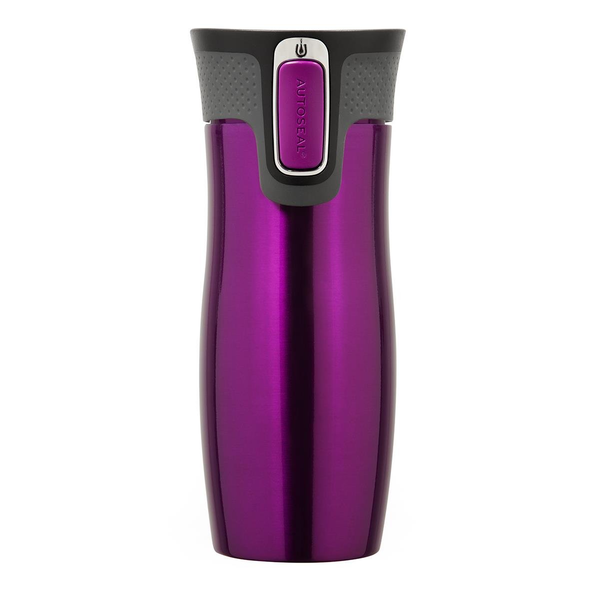 Termosmugg i rosa metallic med svart och grått lock, spill- och läckfri