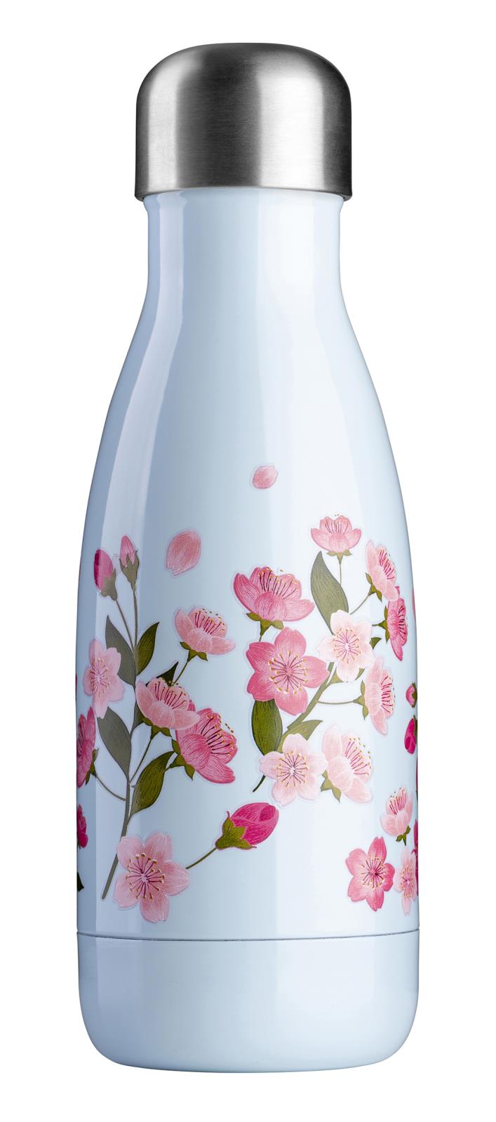 Fyra vattenflaskor i olika färger och mönster, kapacitet 280 ml, med metallkorkar