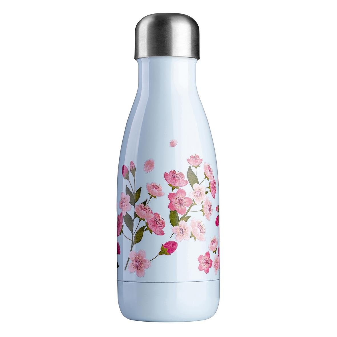 Vattenflaska JobOut Mini Floral 280ml med rosa blommor på ljusblå bakgrund och metalllock