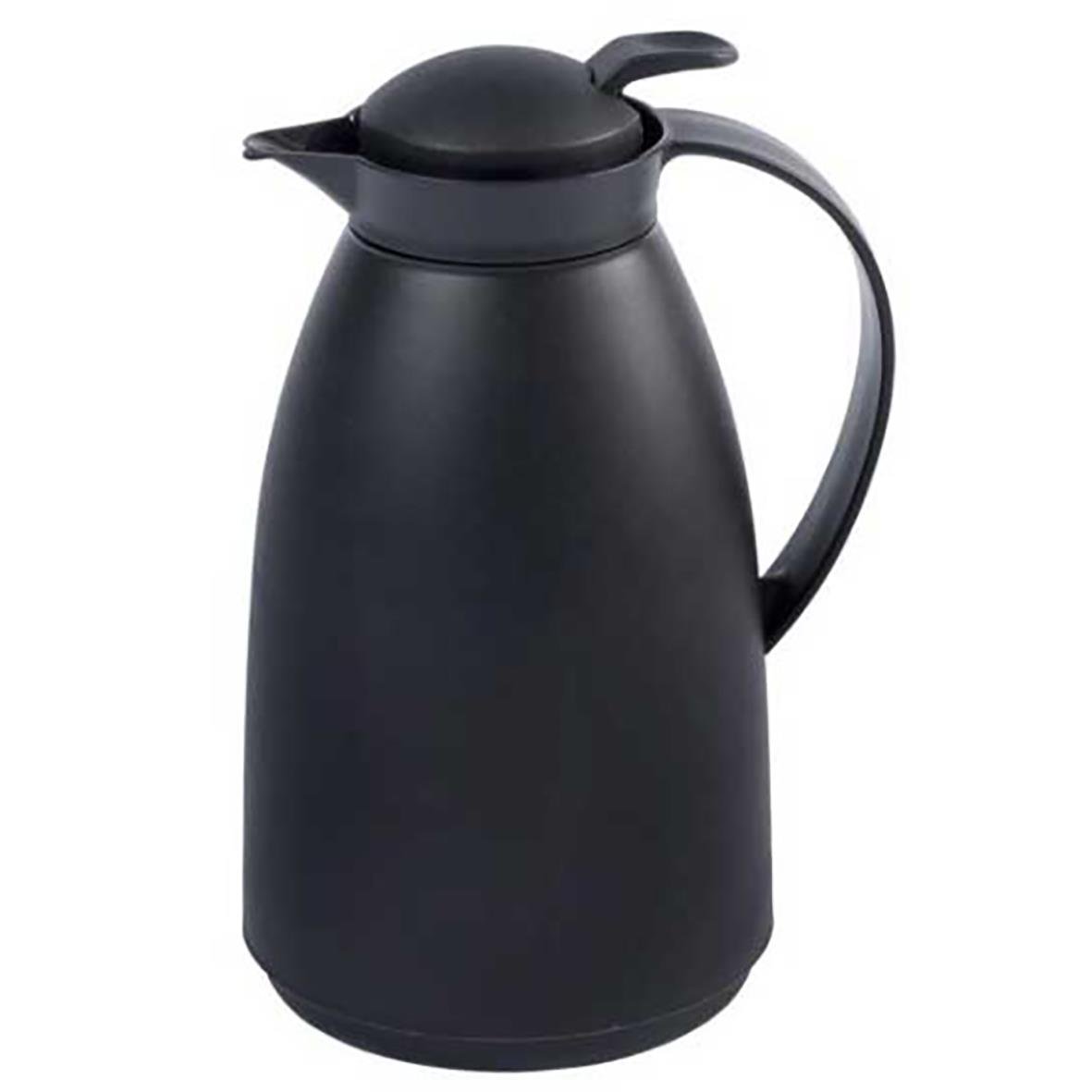 Svart termoskanna i plast med 1-liters kapacitet och handtag