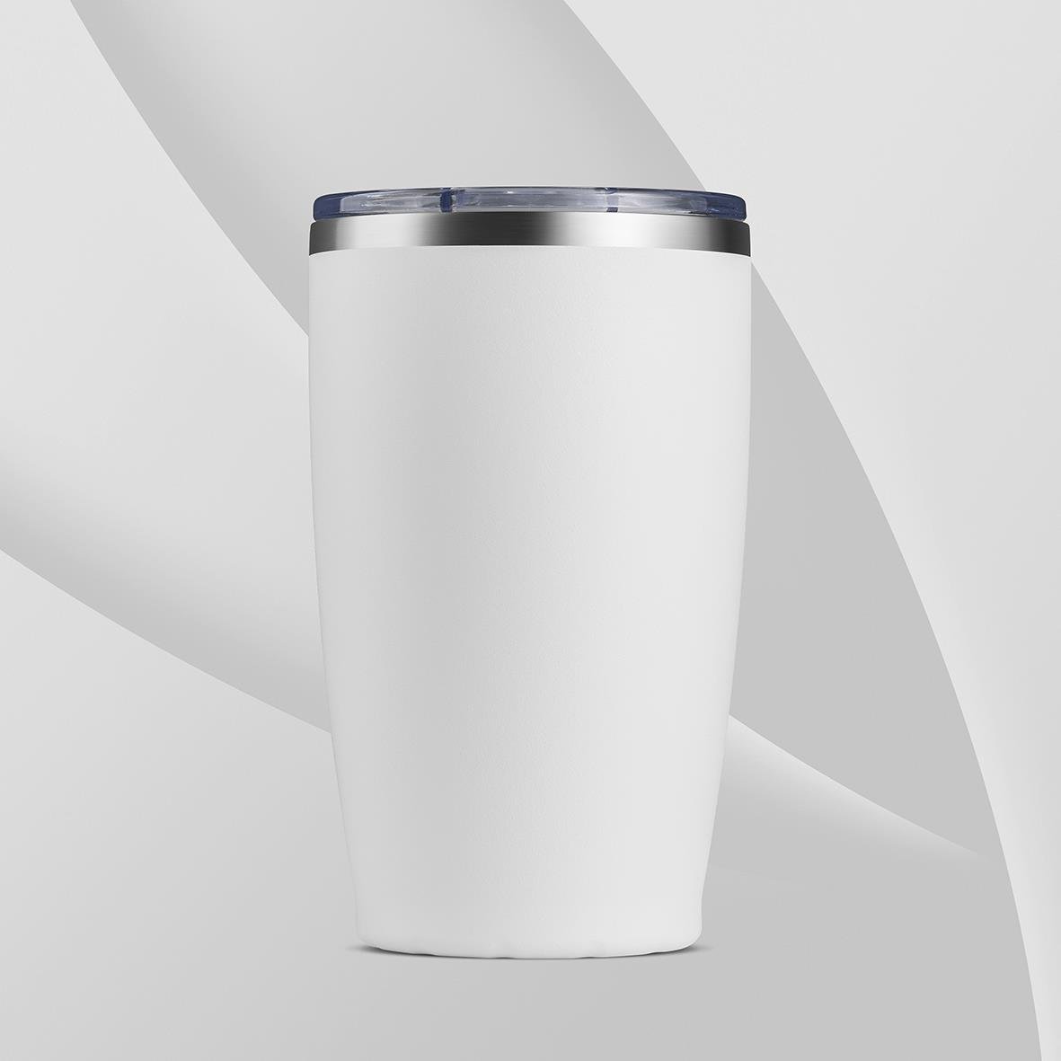 Beige termosmugg med matt yta och silverlock, enkel design