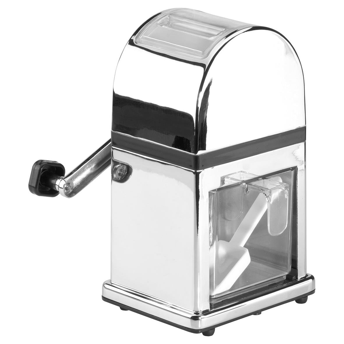 Iskross Krom maskin för att krossa is, med handvev och transparent behållare