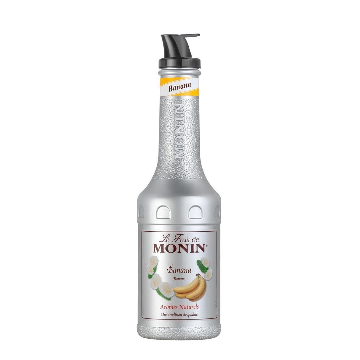 Monin banansmakande puréflaska på 100cl med pump.