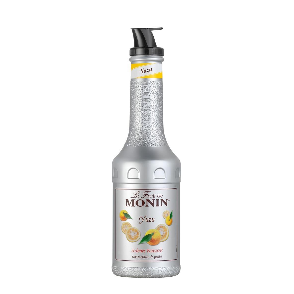 Monin Yuzu smaksättare i 100cl flaska med pump, silverfärgad design