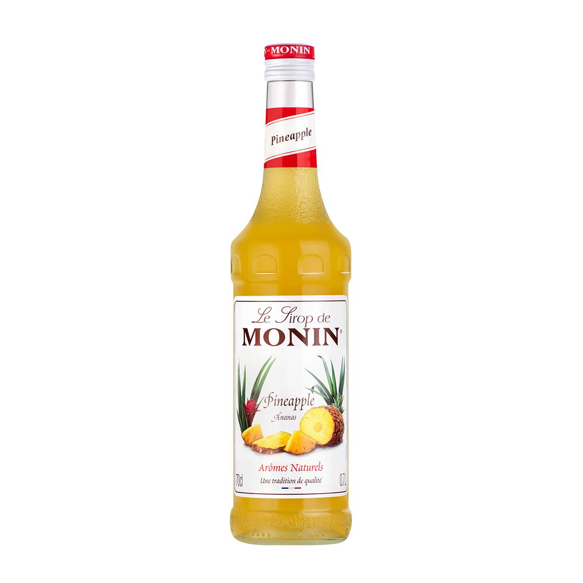Monin Ananas sirup 70cl flaska med gul vätska och etikett med ananasbilder