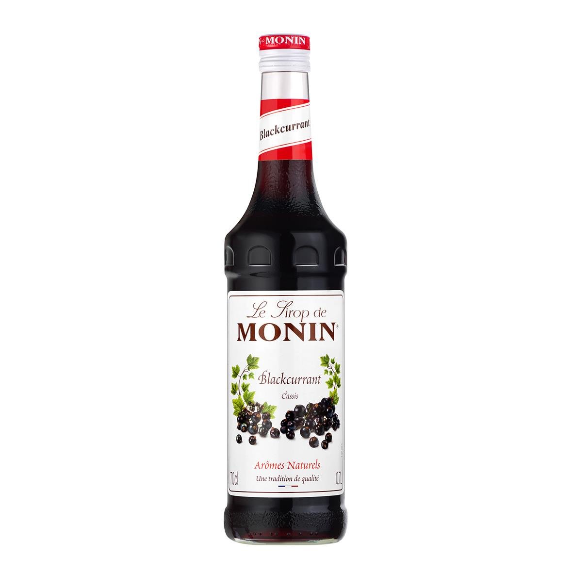 Monin Blackcurrant sirap 70cl flaska med röd och vit etikett