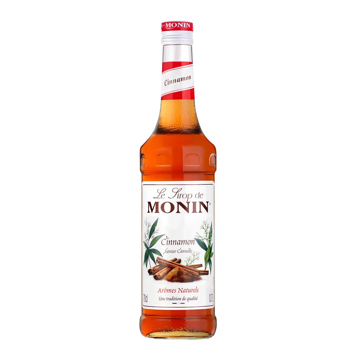 Monin kanel sirap 70cl flaska med röd och vit etikett