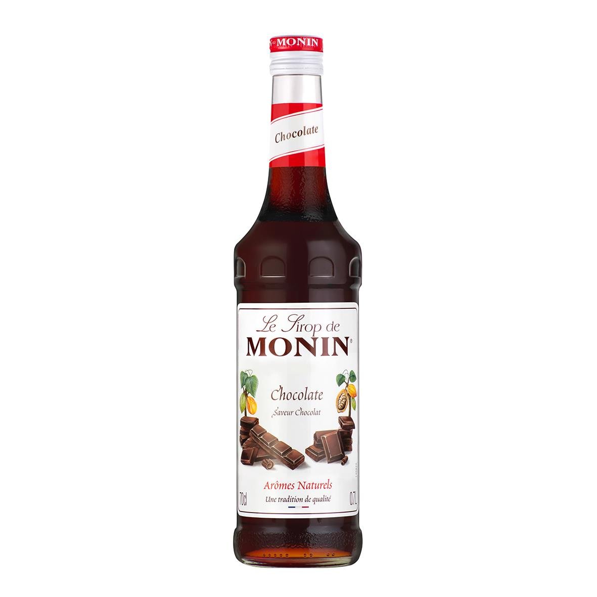 Smaksättare Monin Choklad Sirup 70cl i glasflaska med etikett och röd topp