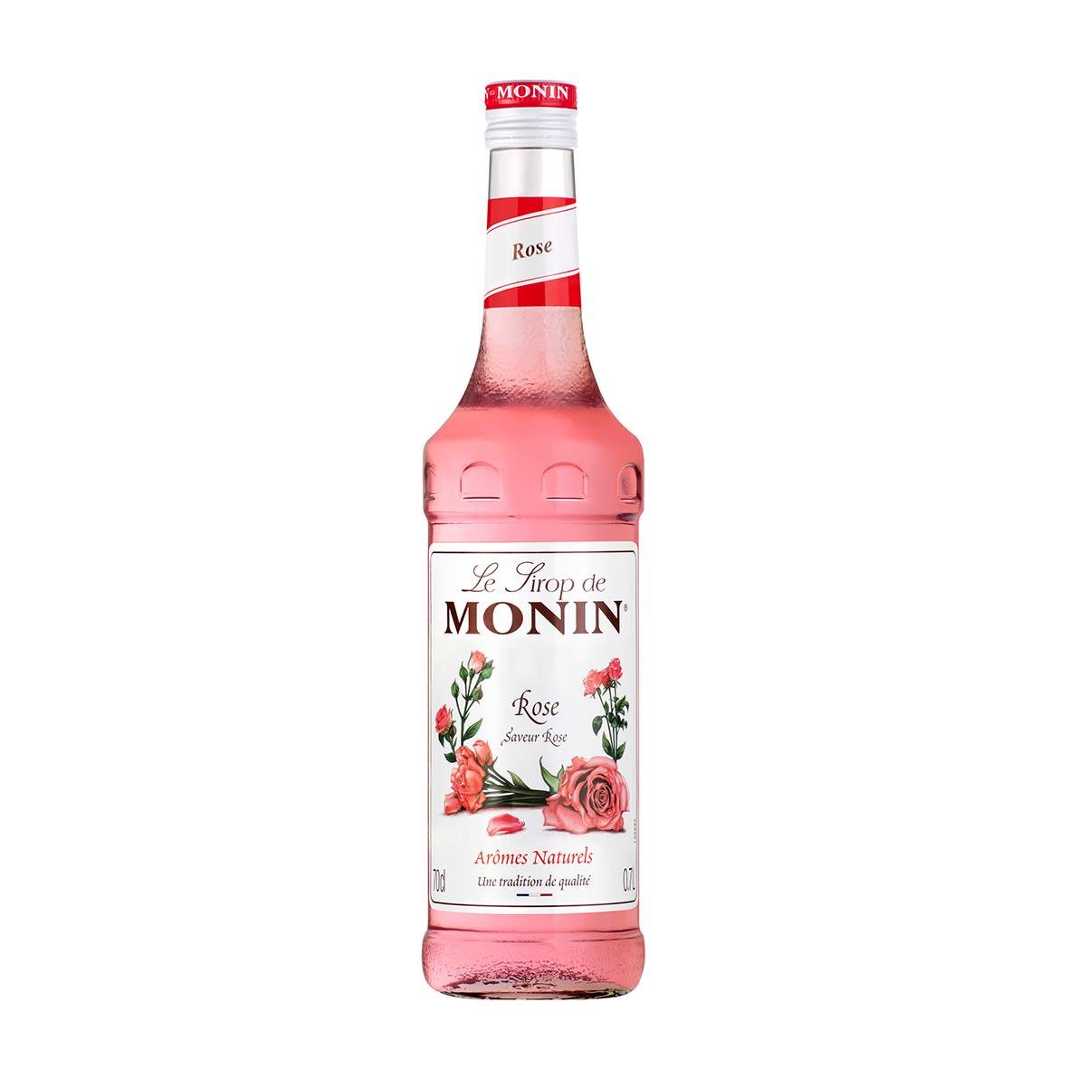Smaksättare Monin Syrup Ros 70cl med rosa färg och etikett med rosor