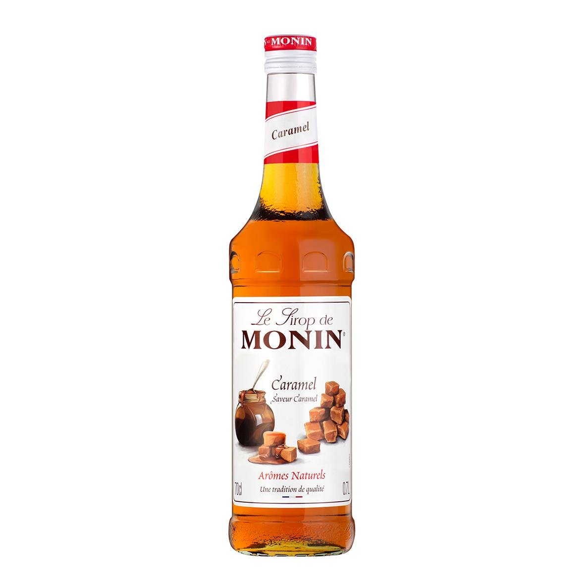 Monin Caramelsmakare sirap 70cl flaska med caramel och chokladbitar