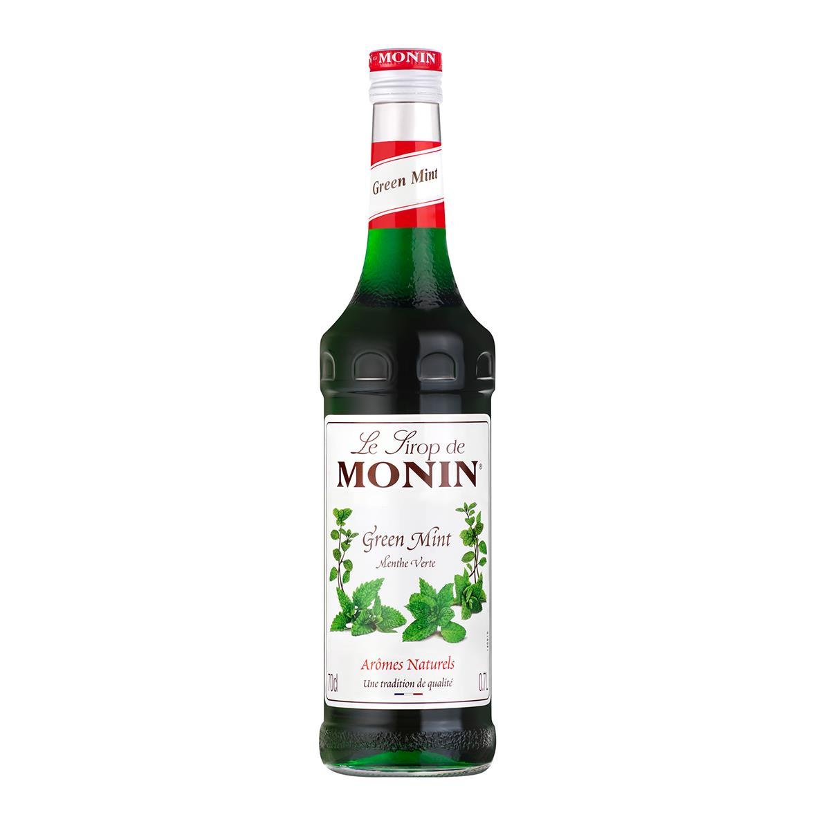 Monin Green Mint smaksättare i 70cl flaska med gröna etiketten och mintbladillustration