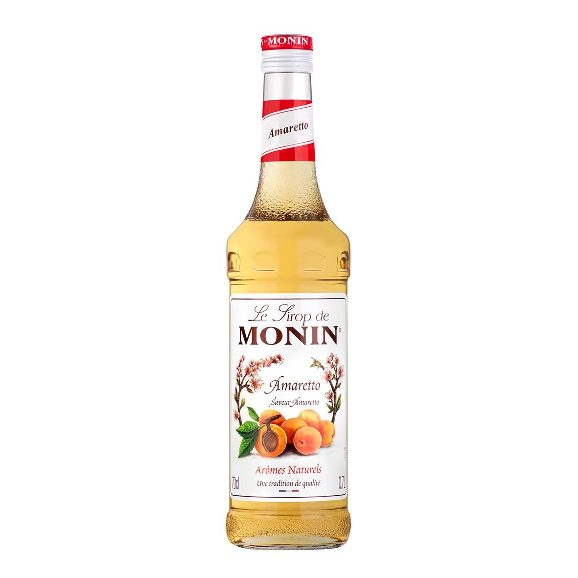 Monin Amaretto smaksättare i 70cl flaska med etikett och röd topp