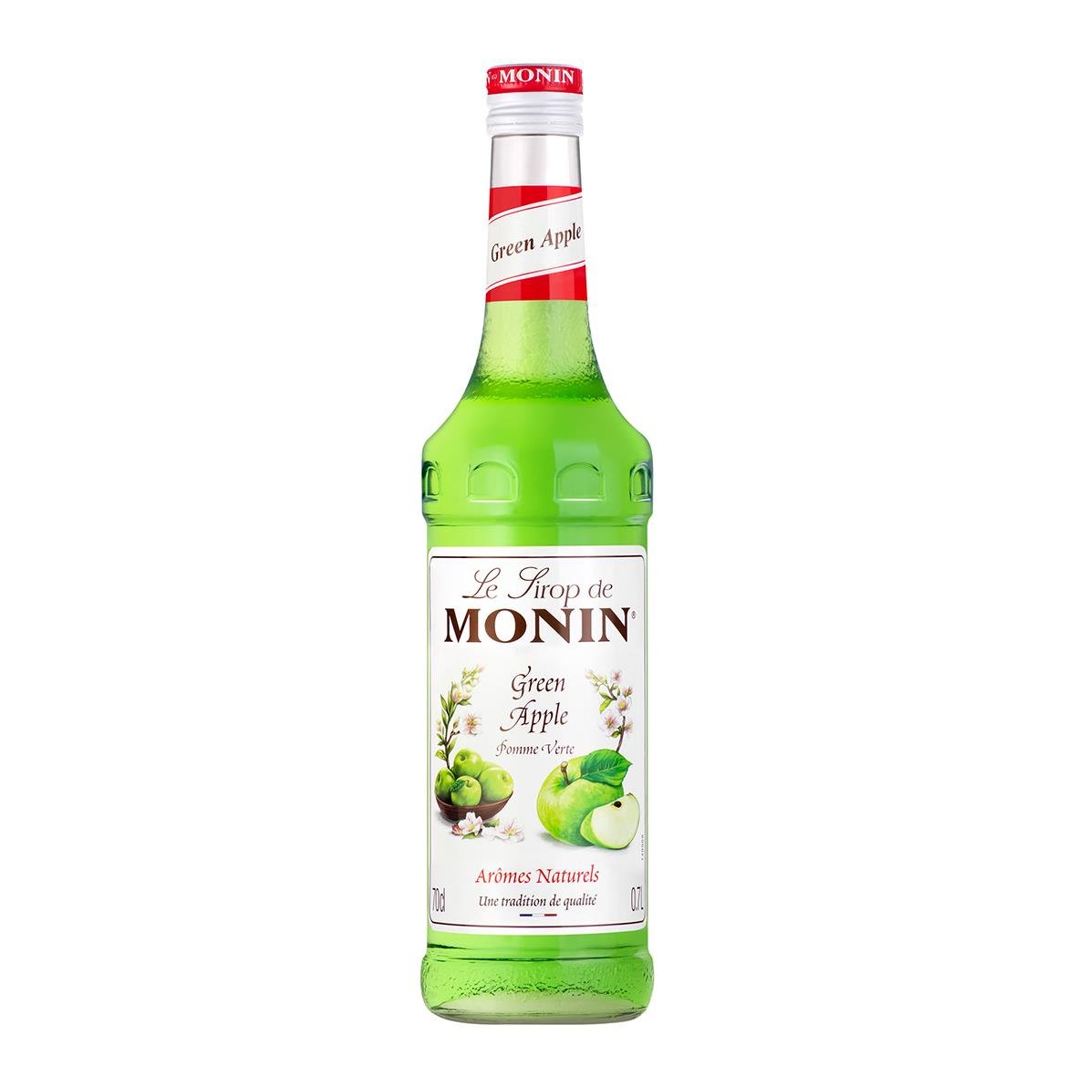 Monin Green Apple smaksättare i 70cl flaska med grönt äpple och röd och vit etikett