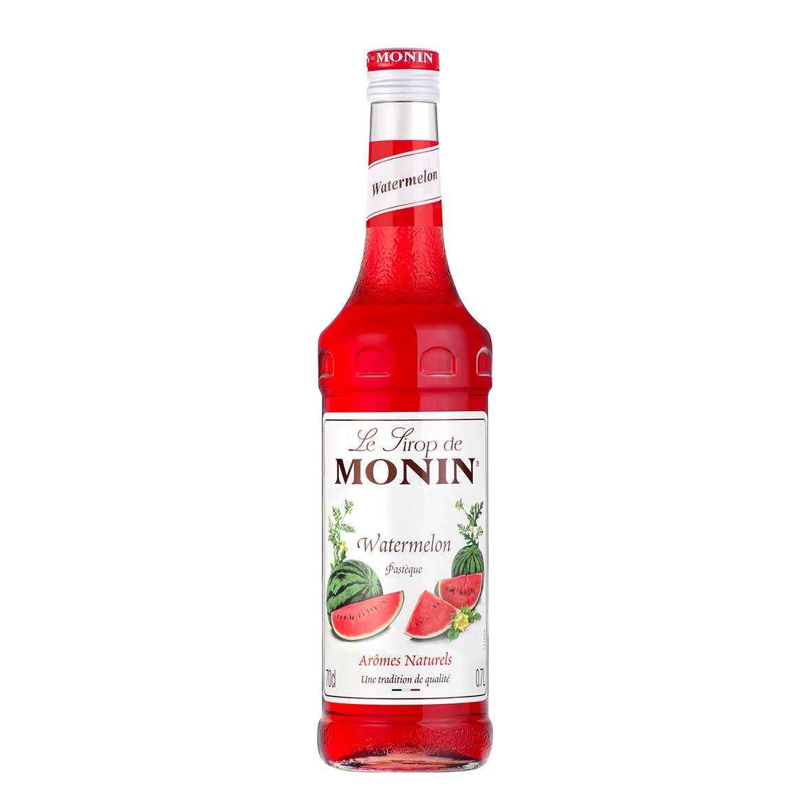 Smaksättare Monin Syrup Vattenmelon 70cl med röd flaska och bild av vattenmelon