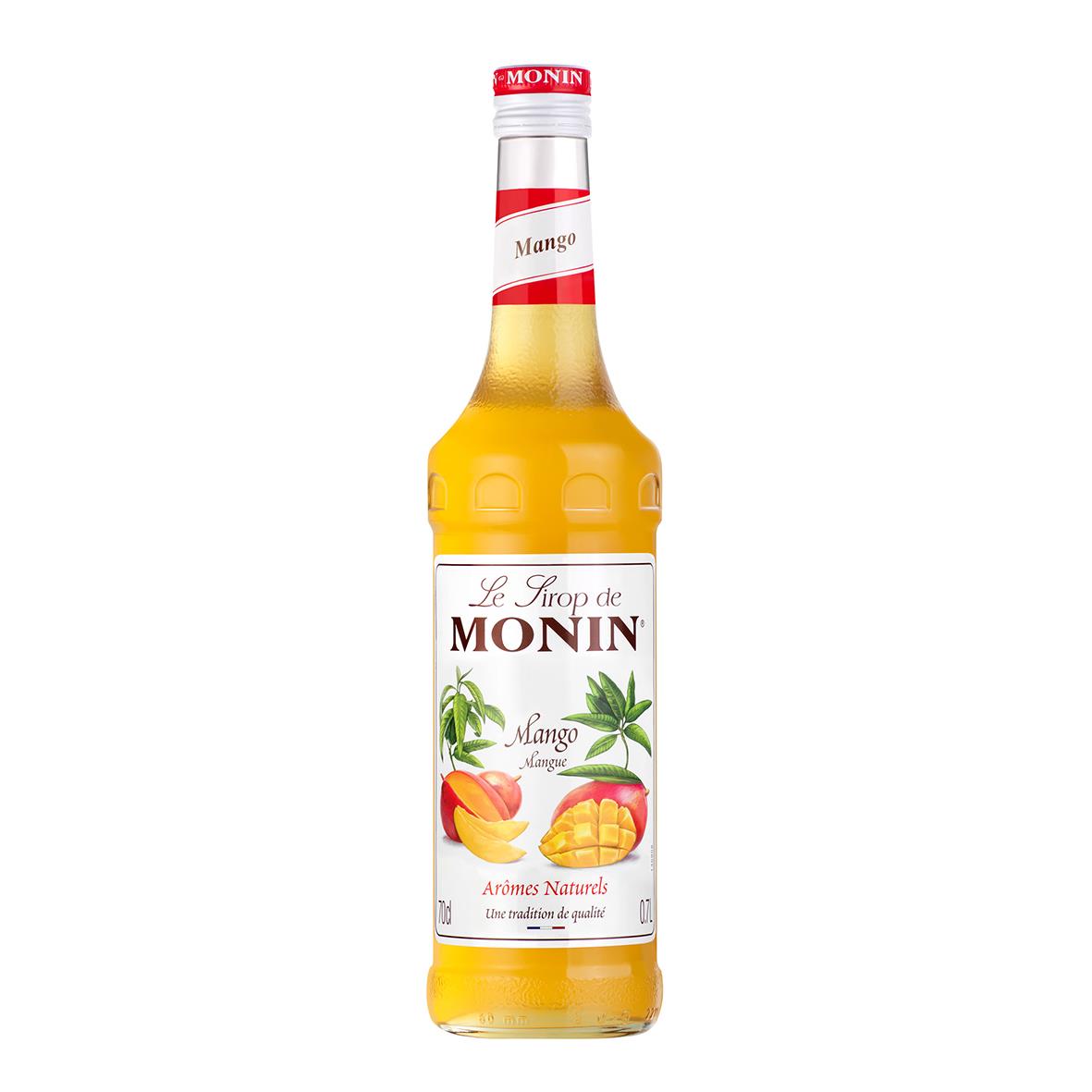 Monin Mango sirup 70cl flaska med gul färg och etikett med mango och mynta