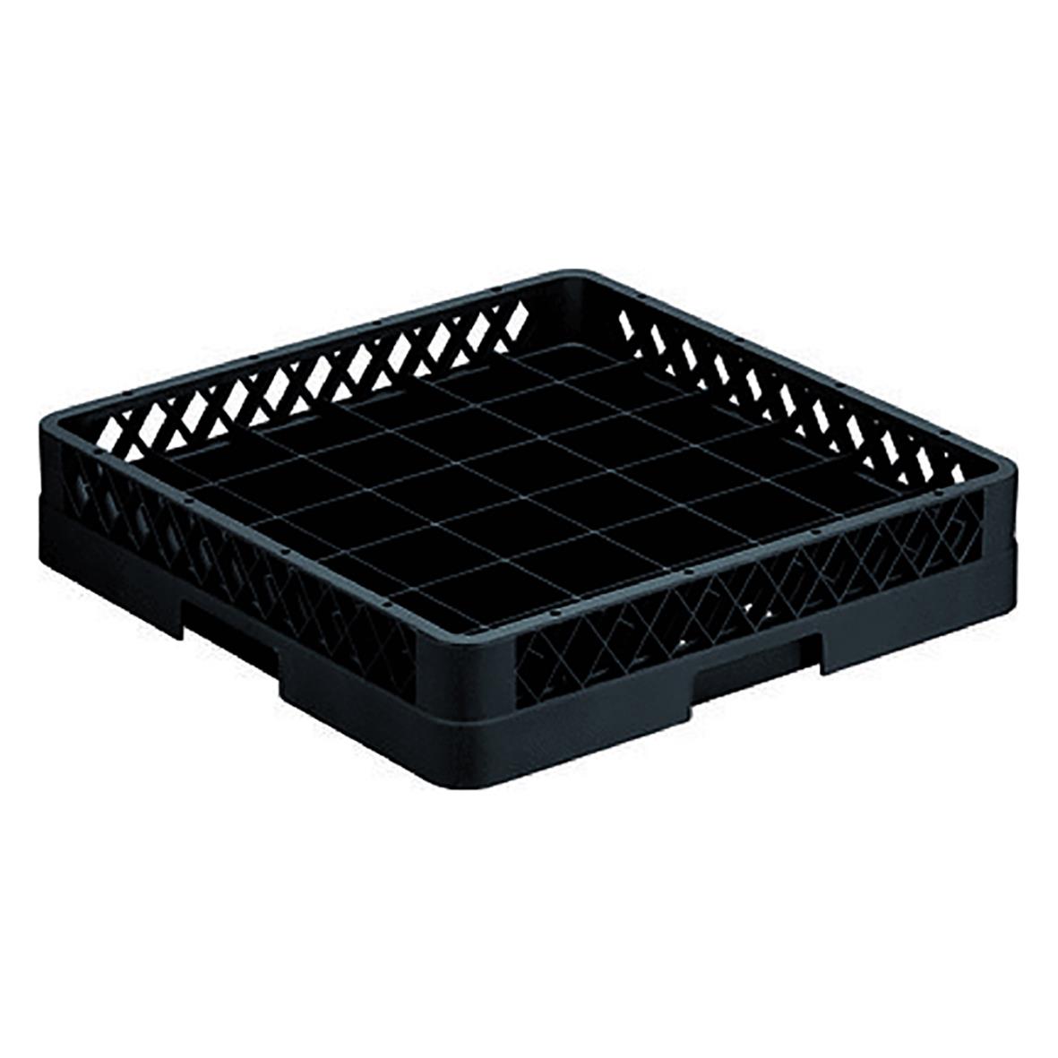 Svart plastkorg med öppna sidor och ett rutnätigt botten
