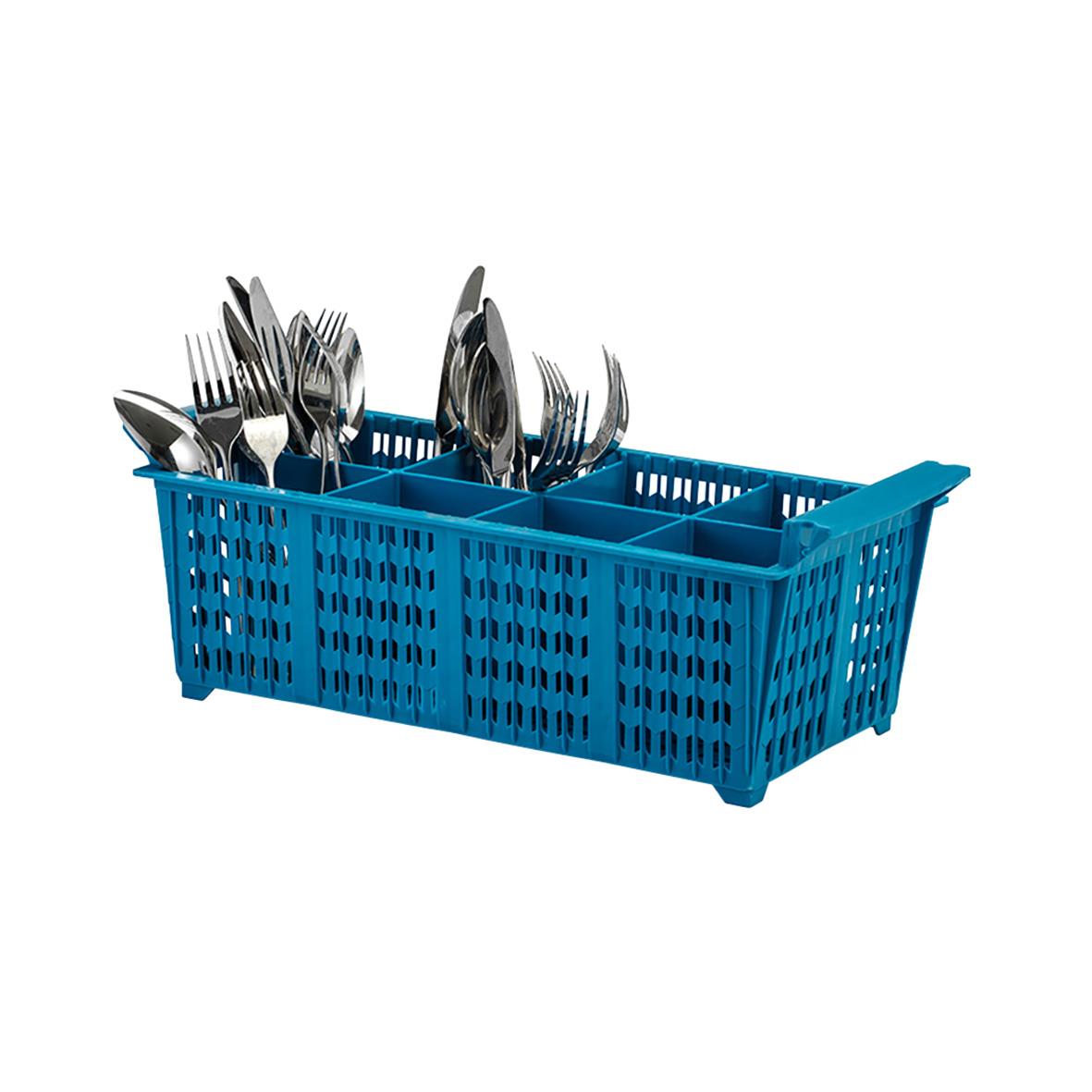 Blå diskback besticklåda med 8 fack och plats för bestick