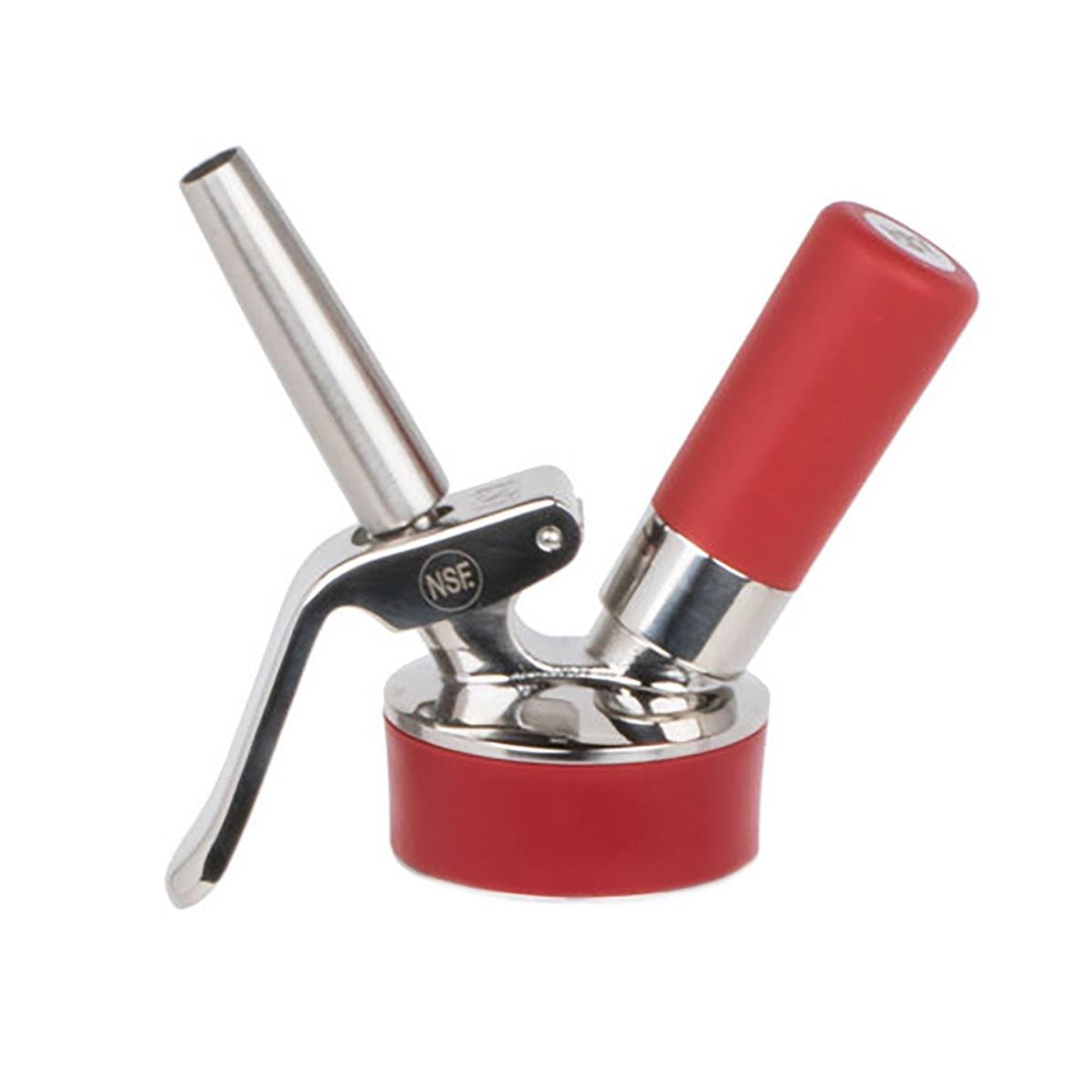 Huvuddel av gräddsifon med röd behållare och metallhandtag