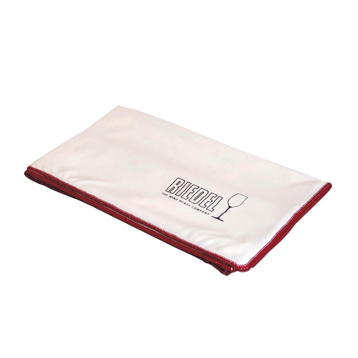 Vit putsduk med Riedel logotyp och röd kant, vikbar och avsedd för vinservice