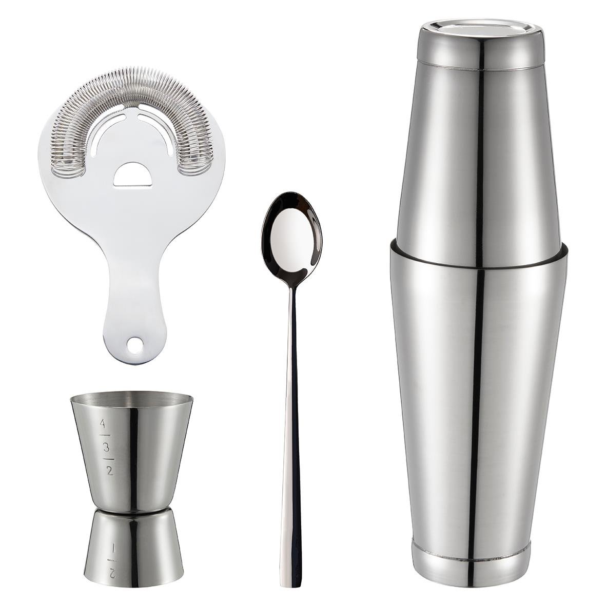 Köksredskap i metall inklusive en sked, en kopp, en rörliknande apparat och en metallkapsel