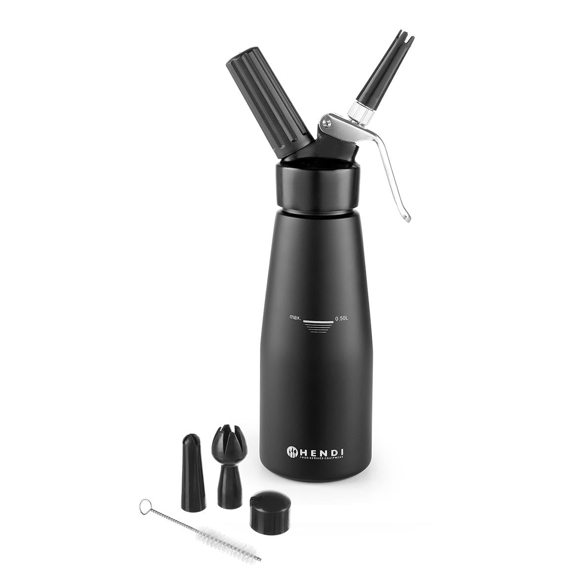 Svart gräddsifon Hendi med 0,5L kapacitet och tillbehör för vispning