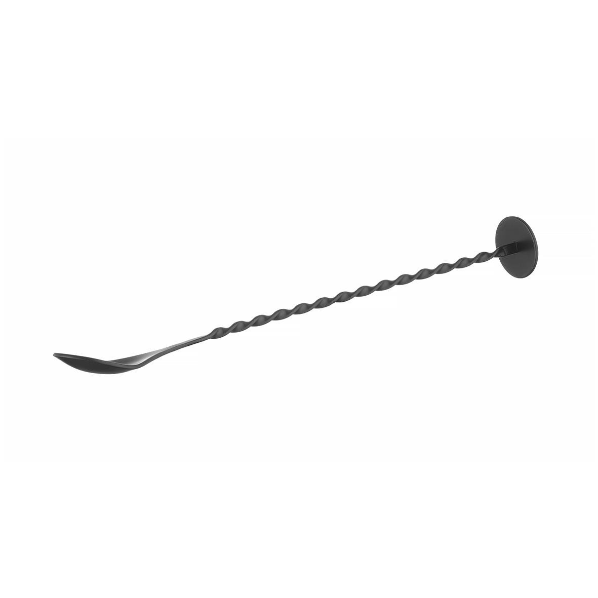 Svart metallisk grillspade med lång skaft och skopa för att vända mat på grillen