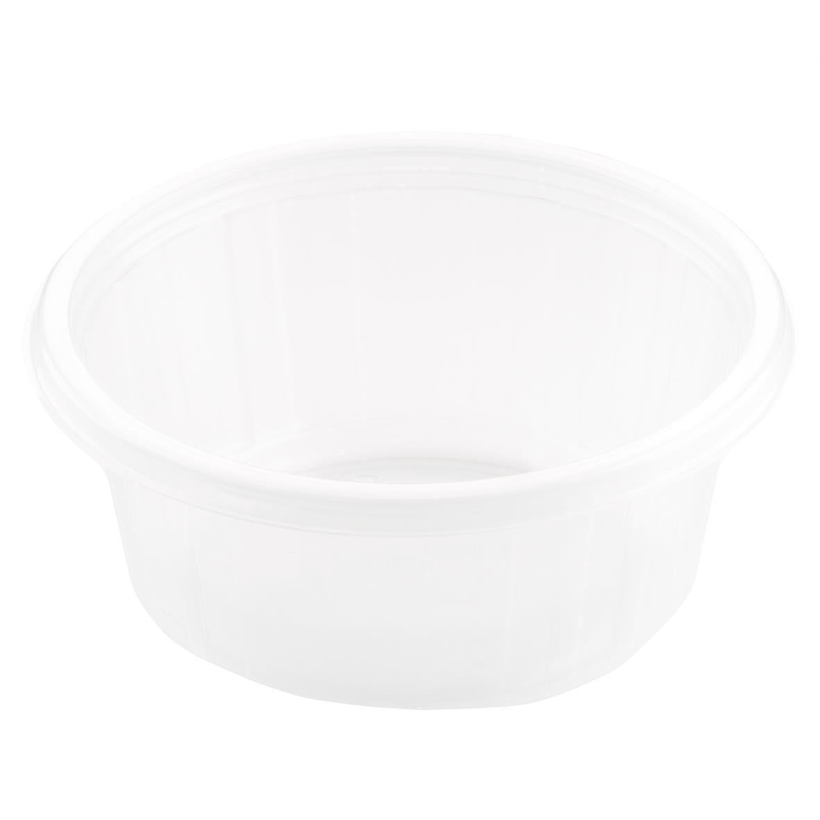 Rund, genomskinlig PET plastbehållare med diameter 112 mm och höjd 40 mm, 200 ml kapacitet