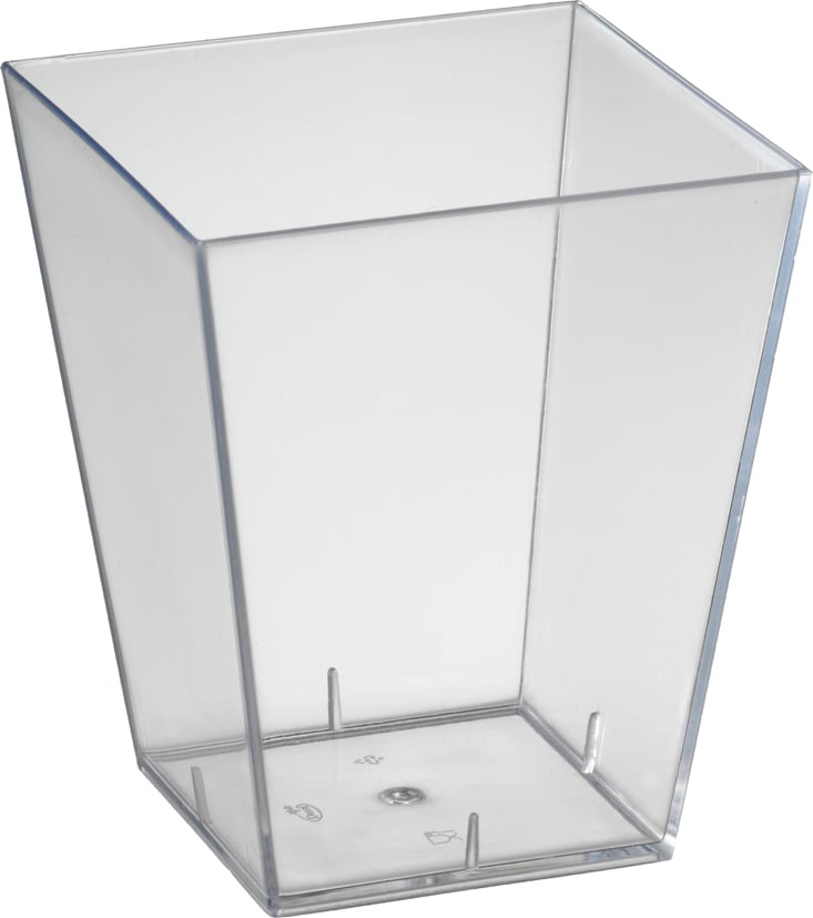 Fyrkantig, transparent plastbägare från Duni, 57x57x67mm, 150ml kapacitet
