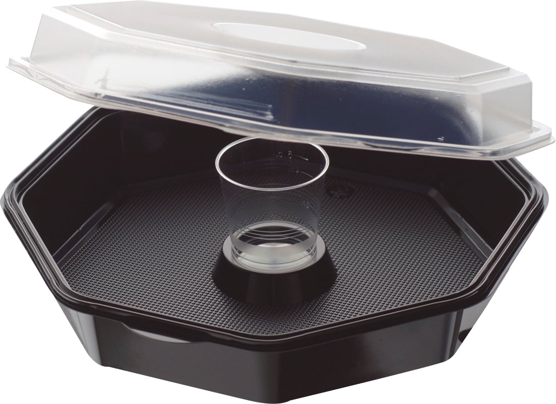 Svart plastlåda med transparent lock och octagonformad botten, 950ml kapacitet