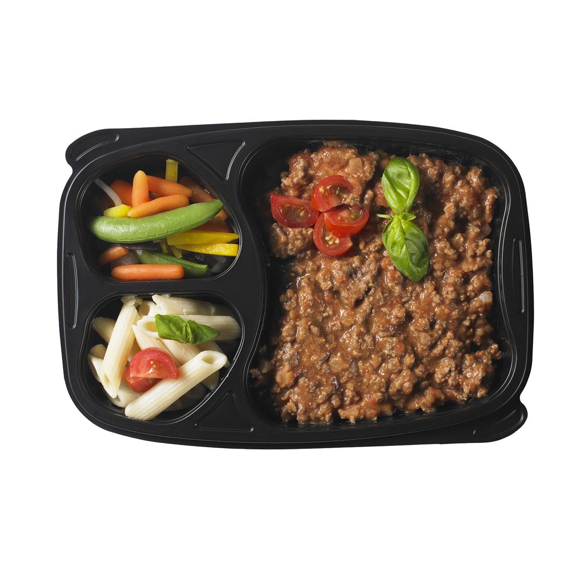 Svart plastlåda med tre fack, innehållande köttfärs, grönsaker och pasta