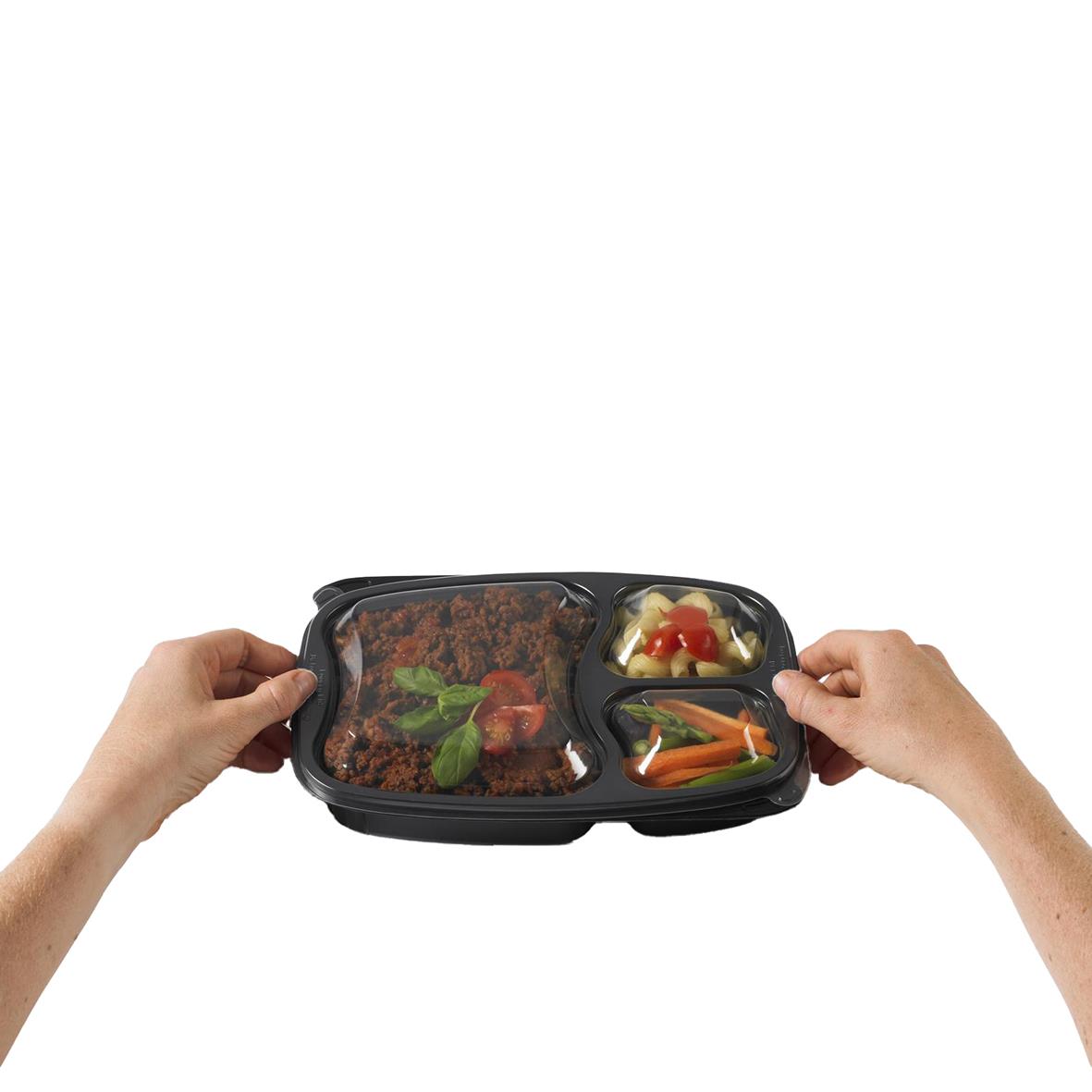 Svart plastlåda med tre fack för mat, storlek 254x174x42mm, 591/147/147ml