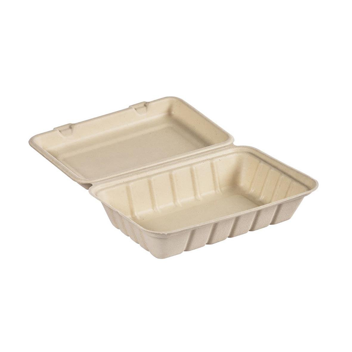 Vit pappersform Duni Mealbox i bagasse med lock, 239x156x63mm, 850ml