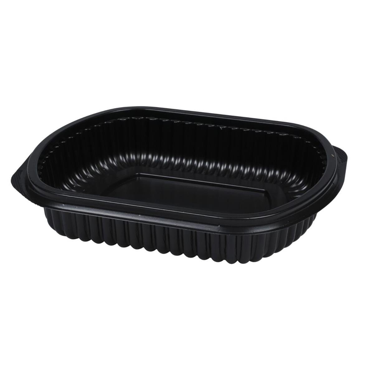Svart plastlåda med oval form och räfflad utsida för matförvaring
