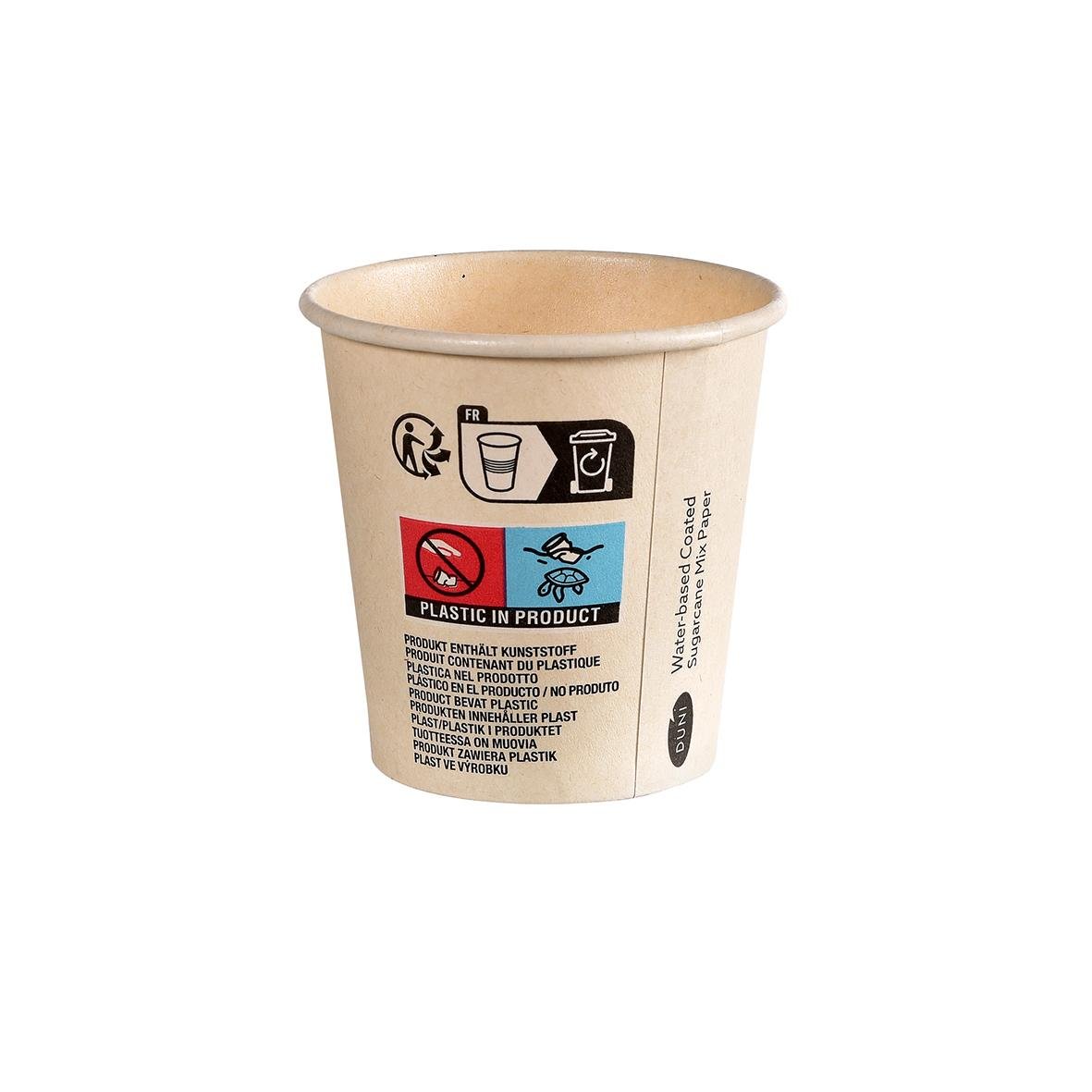 Pappersmugg Duni Sweet Cup Bagasse/PLA Natur 12cl med återvinningssymbol och instruktioner