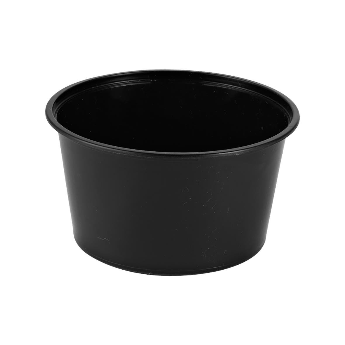 Svart rund plastbägare i PP med diameter 120mm och höjd 65mm, volym 450ml