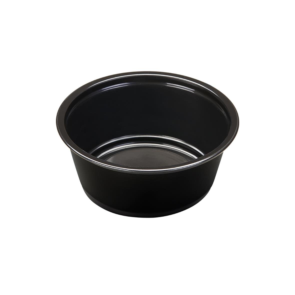 Svart rund plastbägare i PP med diameter 74 mm och höjd 32 mm, volym 90 ml