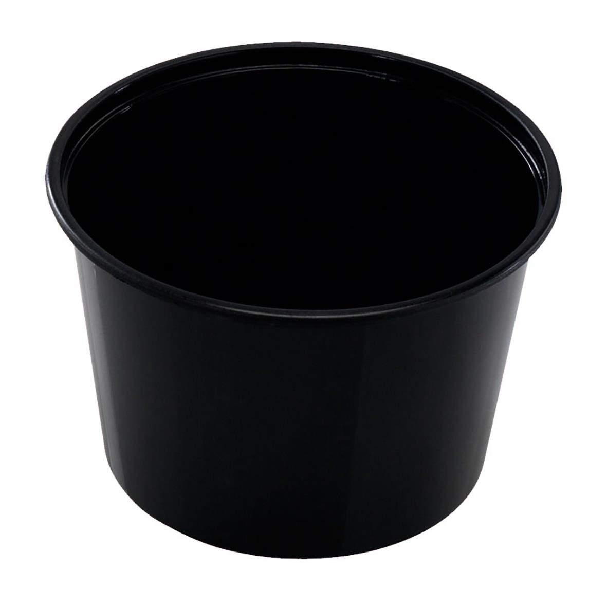 Svart rund plastbägare i PP med diameter 120mm och höjd 77mm, volym 525ml
