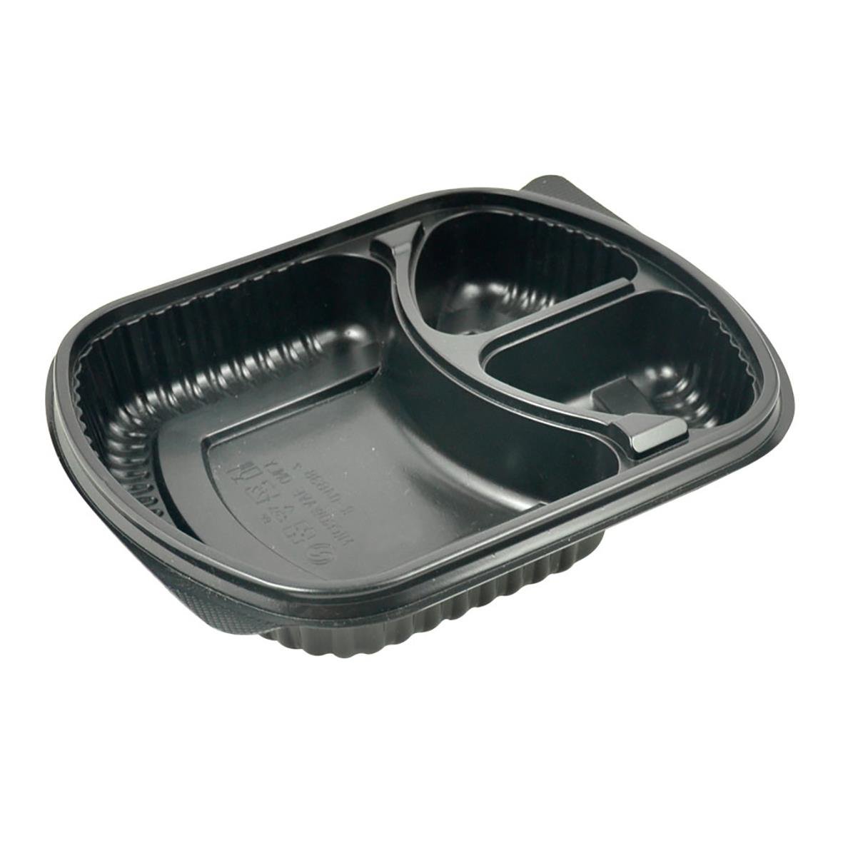 Svart plastlåda med tre fack, storlek 238x203x38 mm, för matförvaring