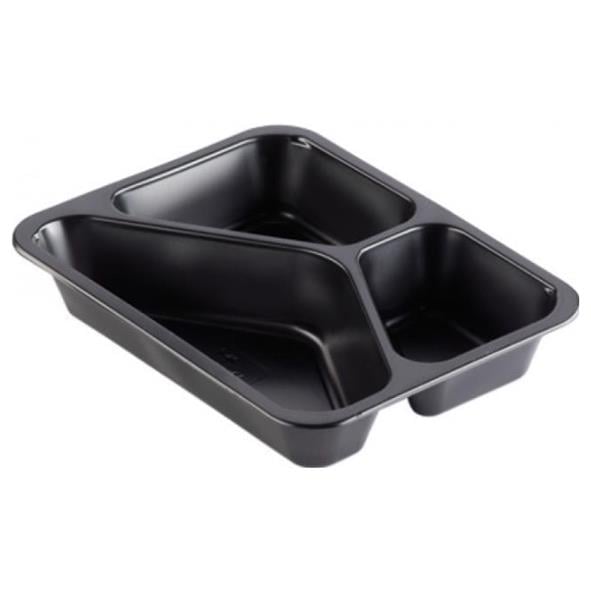 Svart plastlåda med tre separata fack för matportionering, plastform Duniform Caterline 3-F PP
