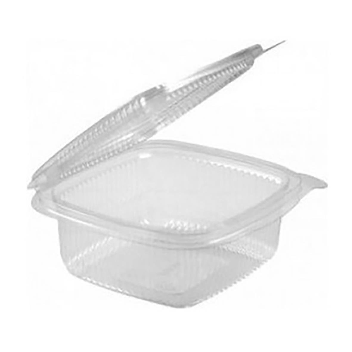 Klar plastlåda med lock och hängsling, APET, 126x131x64mm, 500ml