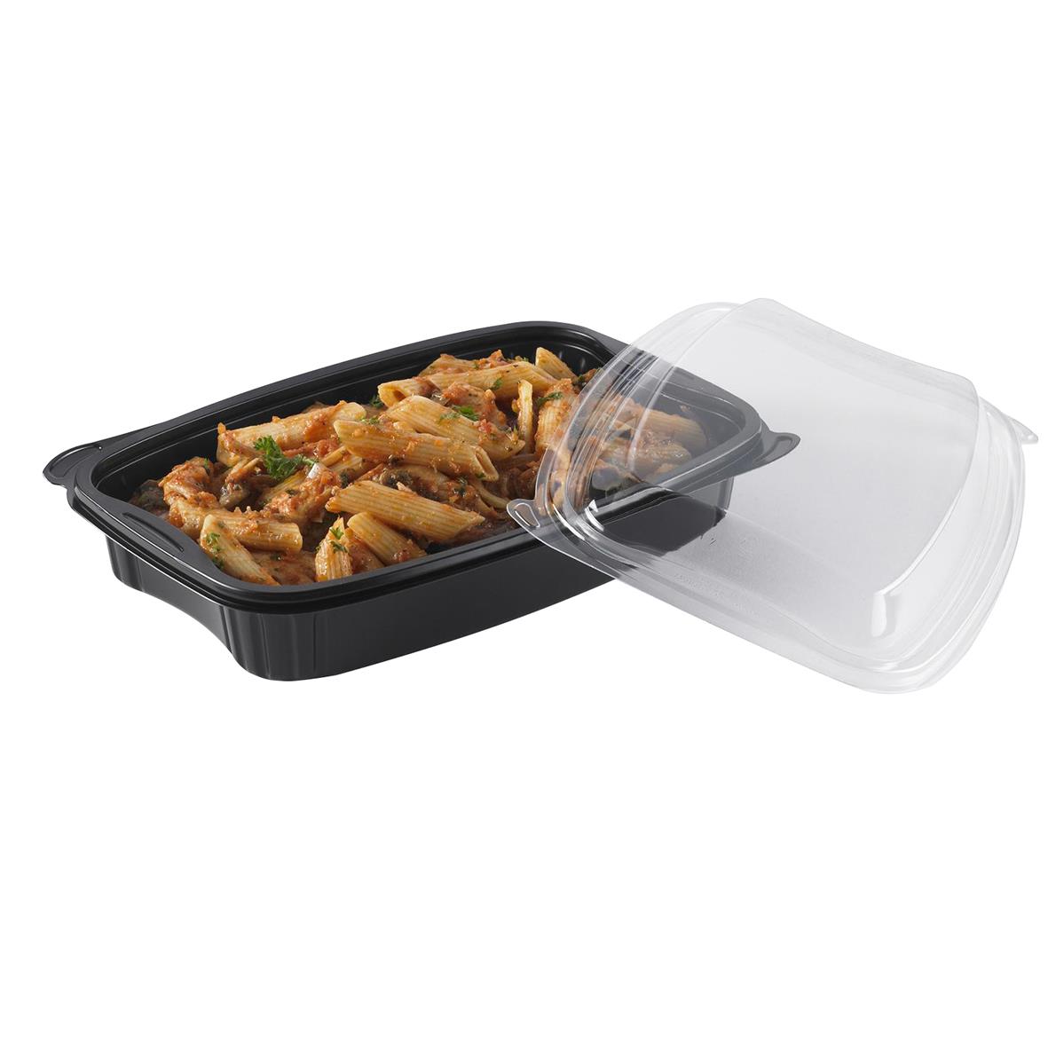 Svart plastlåda med lock för bistro OPS, storlek 254x174mm, fylld med mat