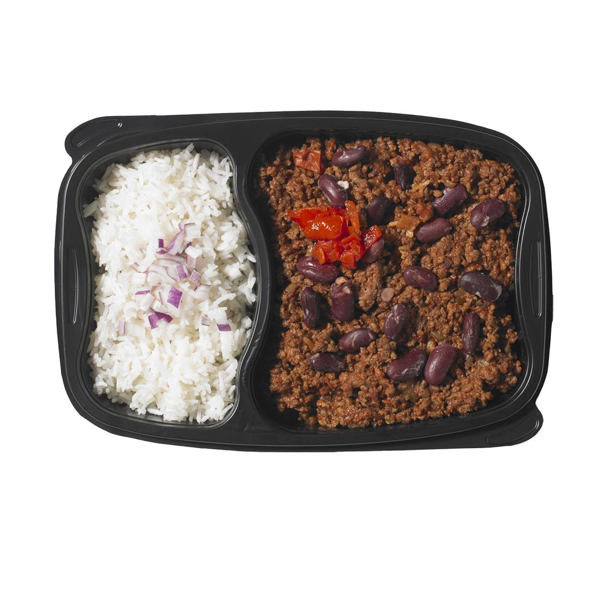 Svart plastlåda med ris och köttfärs med bönor och tomat