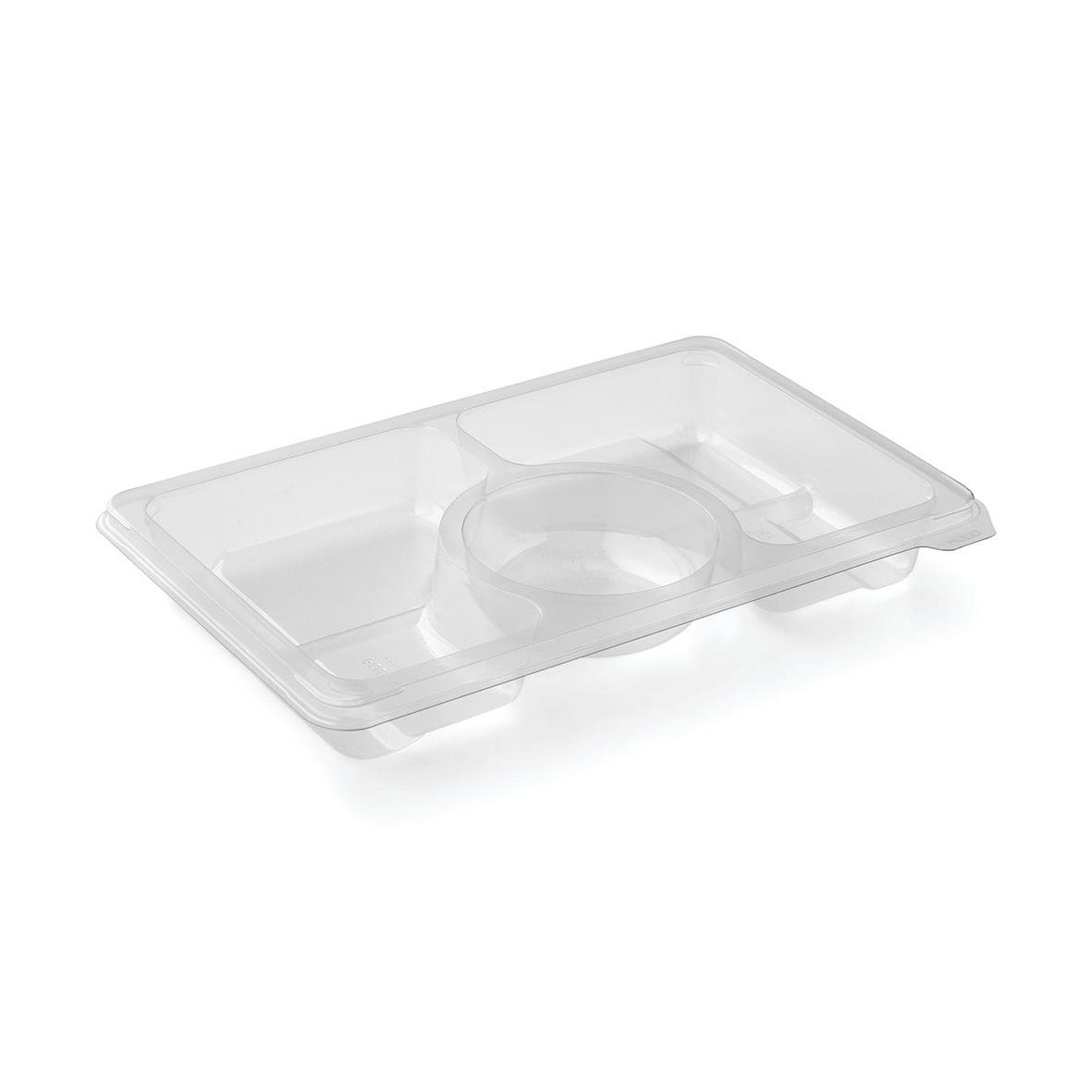 Klar plastlåda i PET med tre fack och rund öppning, 312/130/130ml