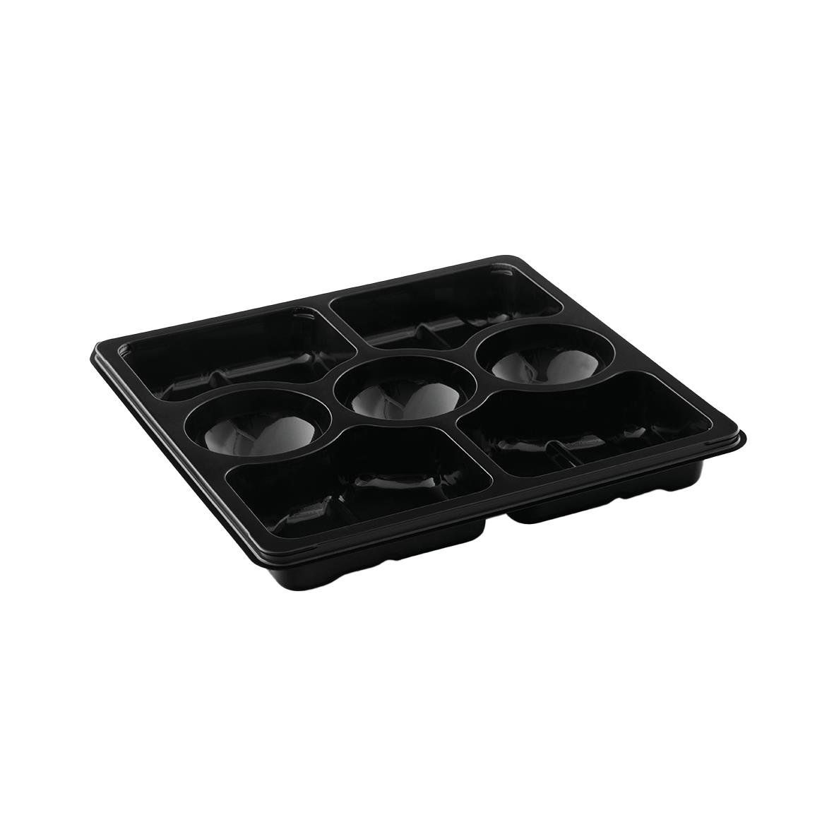 Svart plastform med 7 fack för förvaring eller servering, mått 250x216x33mm