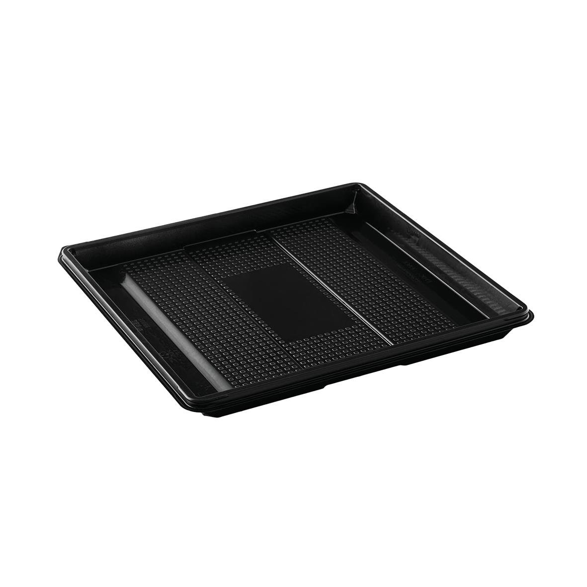 Svart plastlåda med perforerad yta och måtten 250x216x20mm