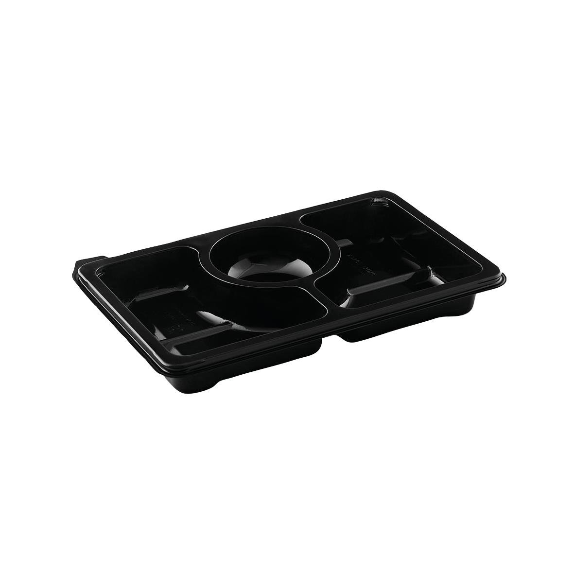 Svart plastlåda med tre fack och rund central del, mått 250x132x33mm