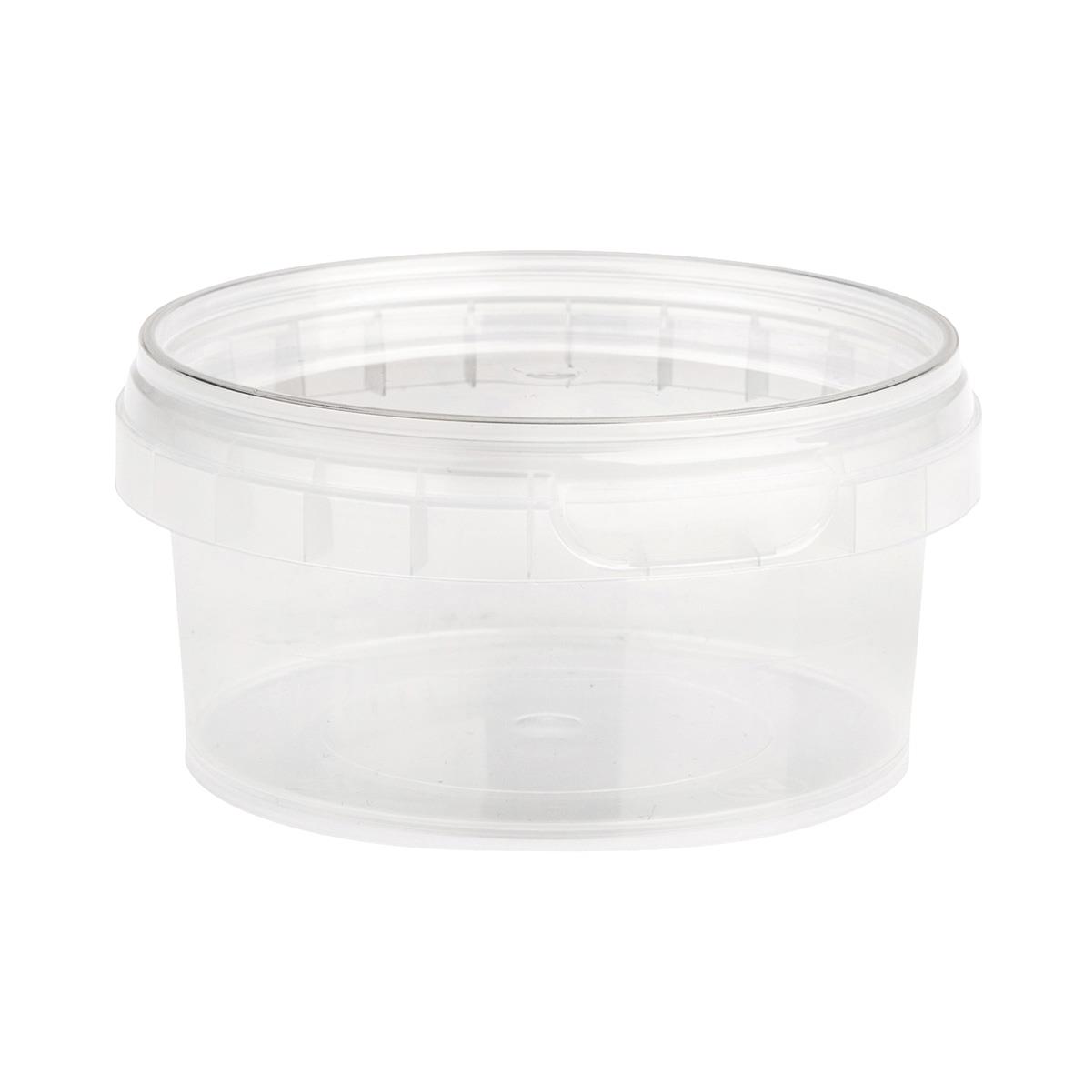Ovanlig tom plastburk med lock, transparent och rund