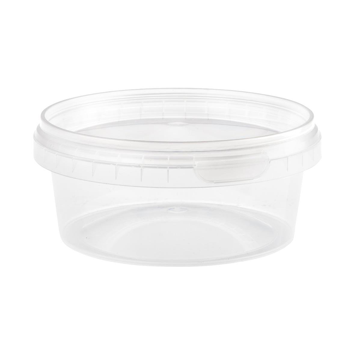 Tydlig tom plastburk med lock, användbar för förvaring av mat eller småsaker