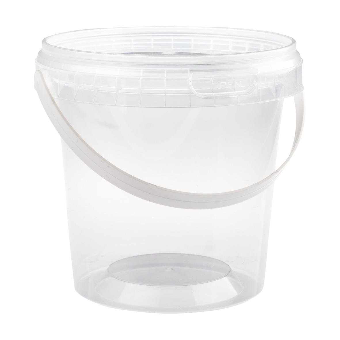 Transparent plastburk med lock och handtag, användbar för förvaring av mat eller andra små föremål